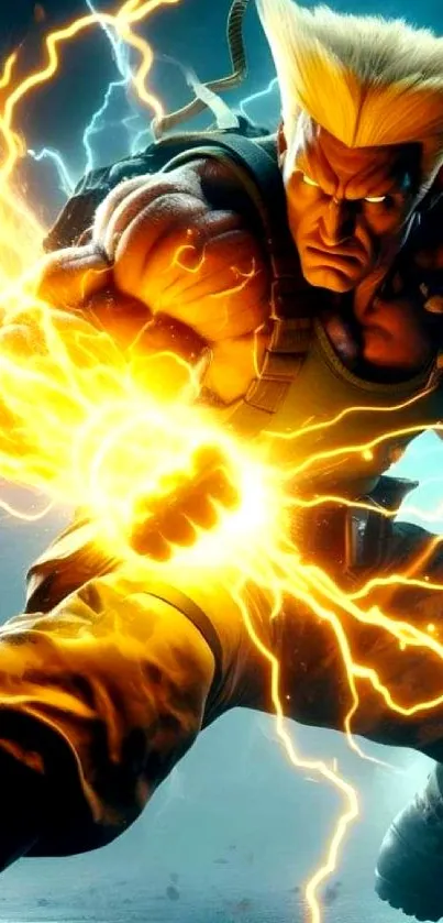 Warrior surrounded by electric energy in action-packed pose on mobile wallpaper.