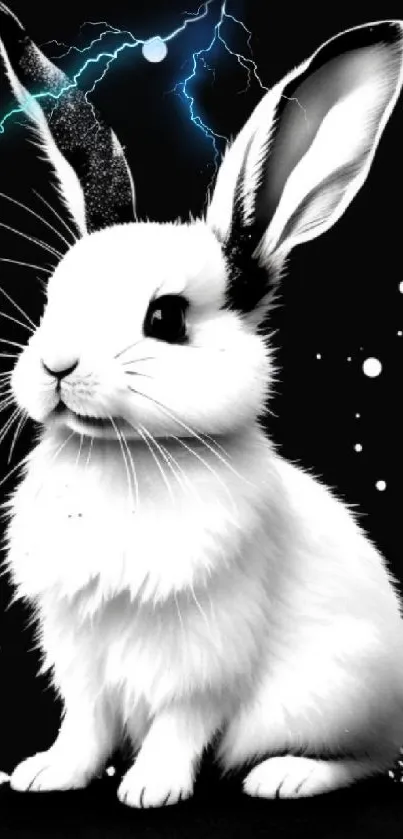 White rabbit with electric lightning on black background wallpaper.