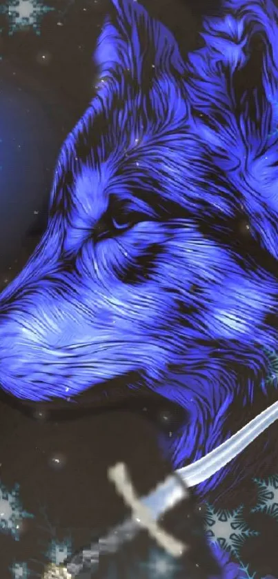 Electric blue wolf with sword on dark background.