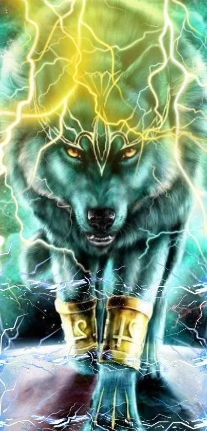 Electric wolf with lightning effects and cyan hues in a fantasy wallpaper design.