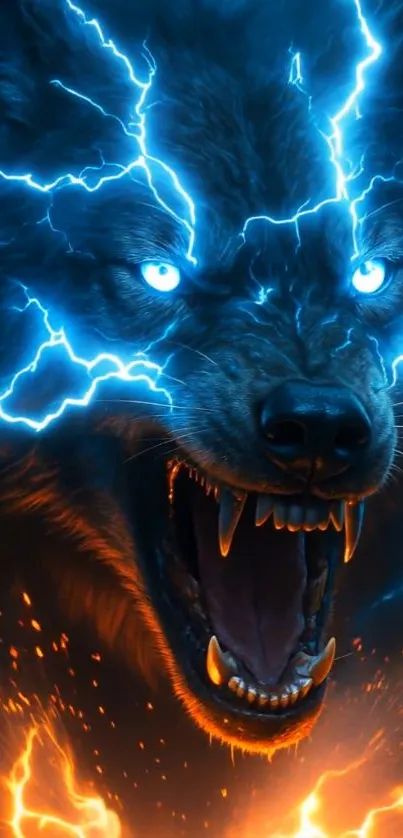 Fierce wolf with electric blue lightning and fiery energy.