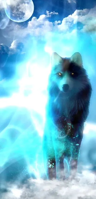 Wolf in electric blue lightning against a cloudy mystical sky wallpaper.