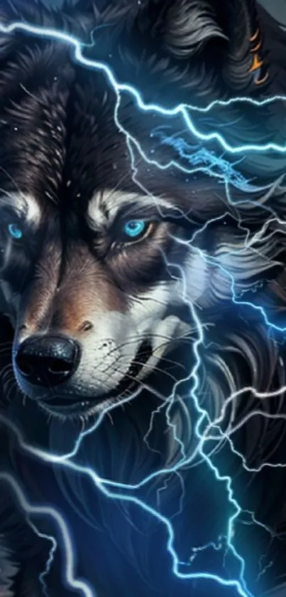 Dynamic wolf with electric blue lightning background.