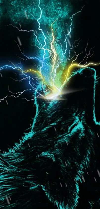 Neon blue wolf with electric lightning on a stormy background.