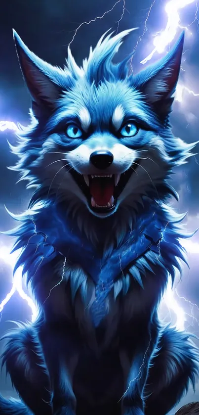 Electric blue wolf surrounded by lightning in fantasy wallpaper.