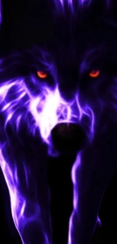 Electric wolf with neon purple glow and red eyes on black background.