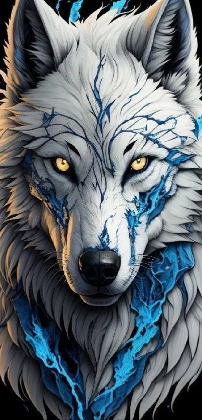 A striking wolf with electric blue lightning on black background.