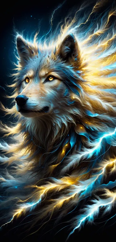 Electric wolf with glowing eyes in vibrant blue and gold hues.