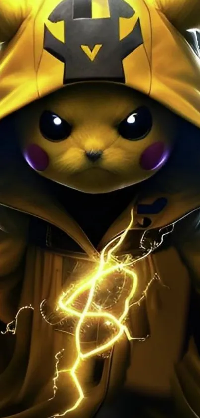 Pikachu in a yellow hoodie with vibrant electric sparks.