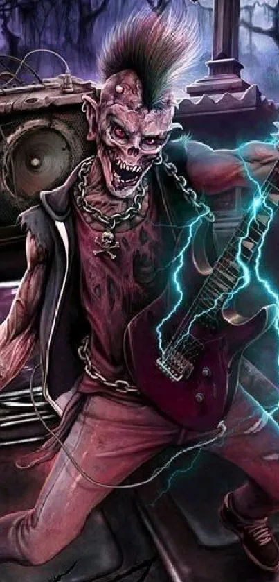 Zombie rockstar with guitar in a graveyard, electric effects.