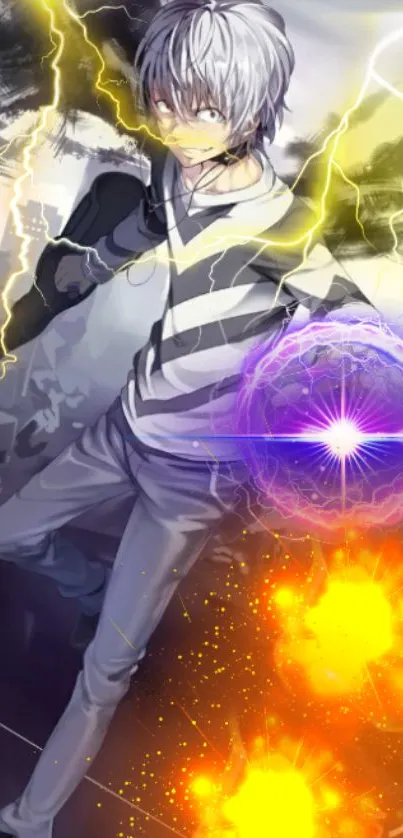 Electrifying anime character in action with lightning and energy spheres.