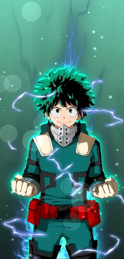 Anime hero with electric energy in a teal background wallpaper.