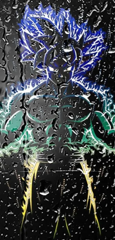 Anime silhouette with electric aura on a rainy background