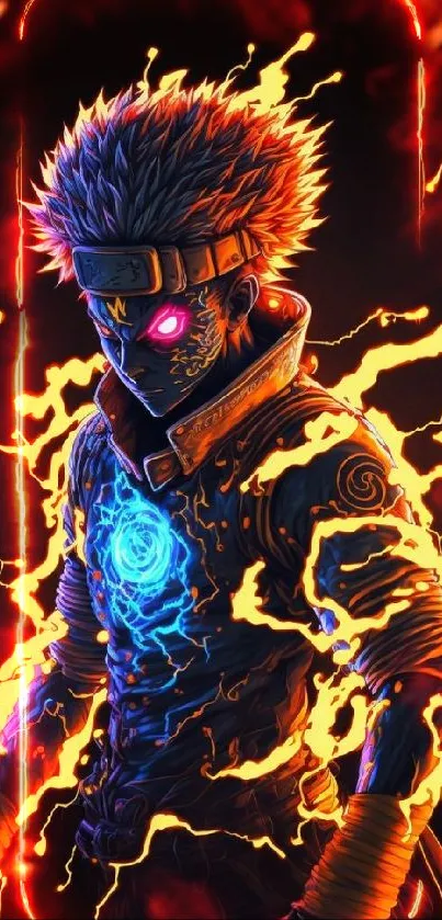 Fiery anime warrior with electric glow in mobile wallpaper.