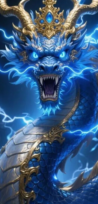 Blue dragon with lightning on a fantasy-themed wallpaper.