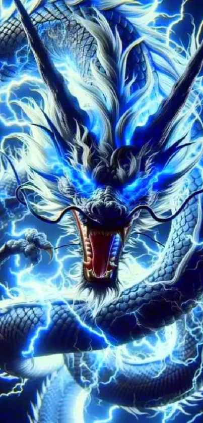 Electrifying blue dragon with lightning bolts, creating a dynamic fantasy wallpaper.