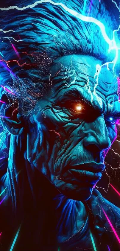 Electrifying blue portrait with dynamic lightning effects.