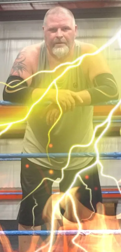 Boxer in ring with electrifying lightning and fire effects.