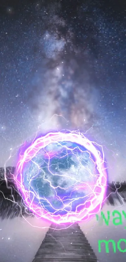 Electrifying cosmic portal surrounded by stars and purple lightning.