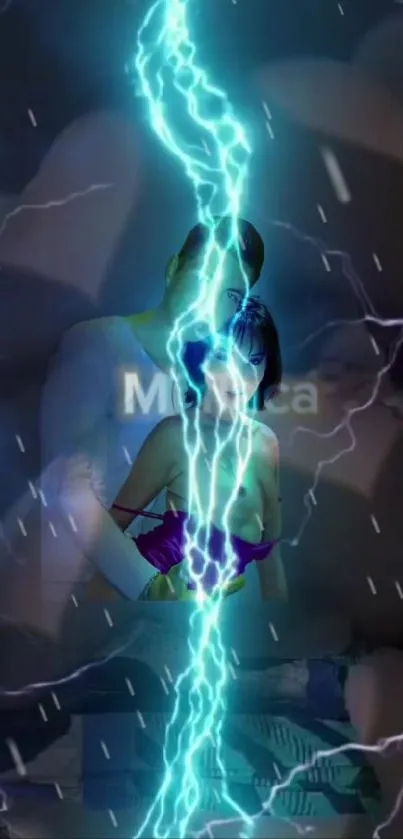 Electrifying couple embraced by blue lightning.