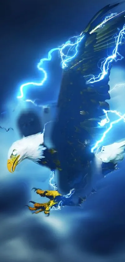 Eagle soaring through vibrant blue lightning.