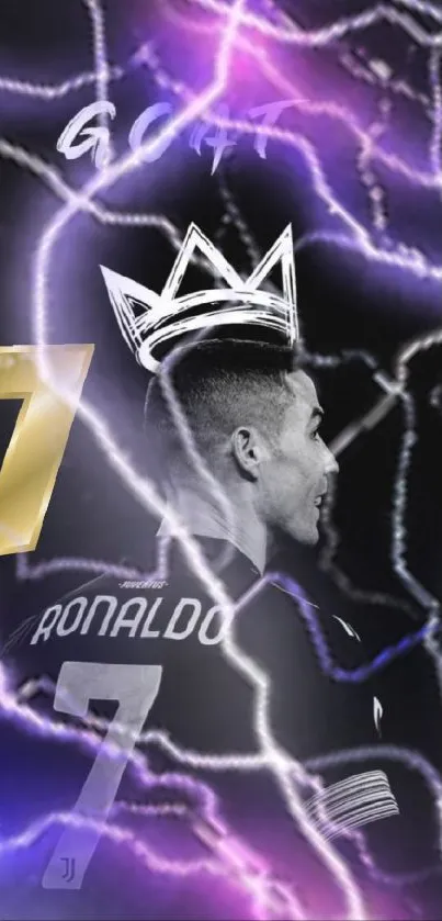 Football icon with crown and purple lightning wallpaper.