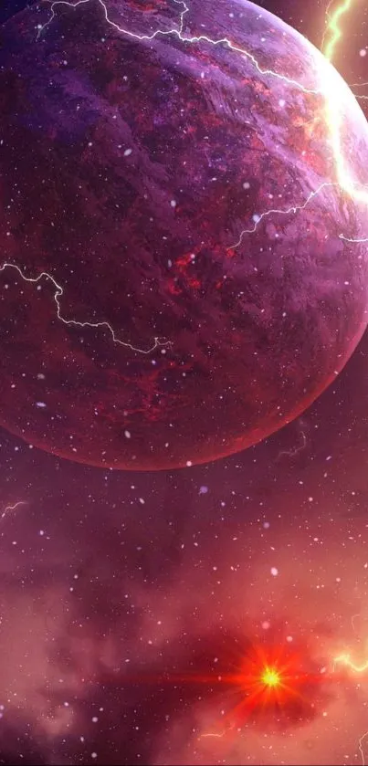 Vivid cosmic wallpaper with a purple planet and lightning.