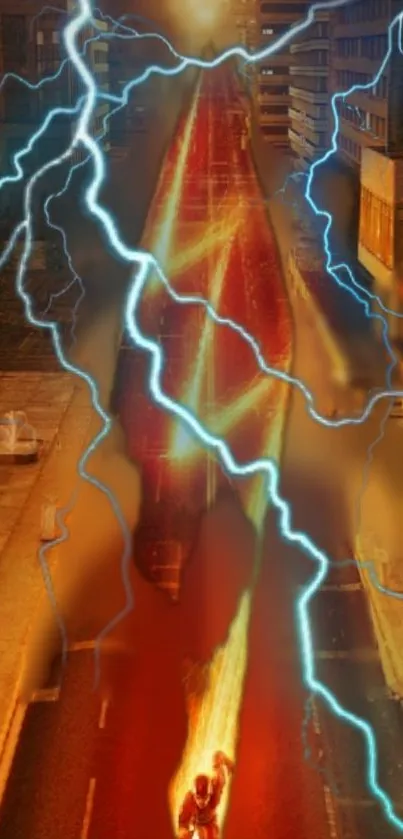 Electrifying street scene with lightning and city lights.