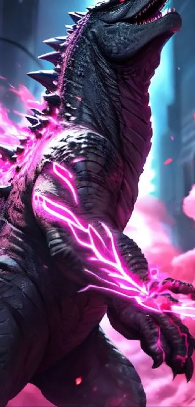 Godzilla with neon pink highlights in vibrant fantasy setting.