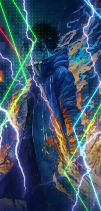 Anime character with lightning and flames in neon colors.