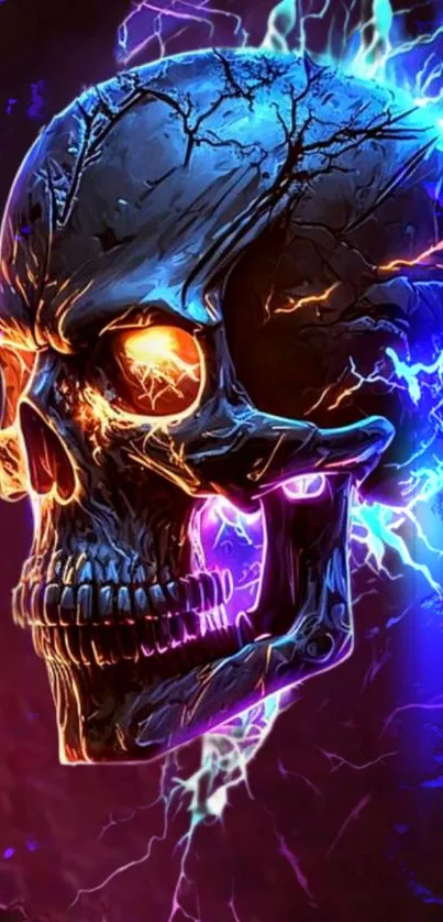 Electrifying neon skull with lightning effects and vibrant colors.