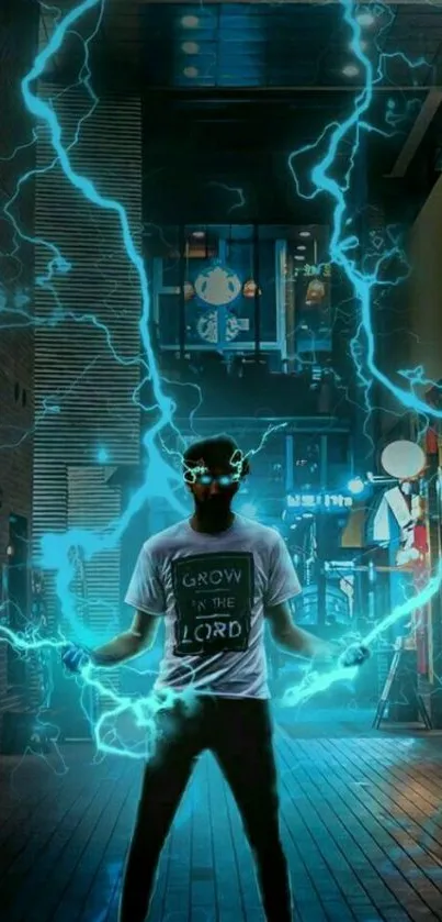 Man stands amidst blue lightning in a vibrant urban night scene.