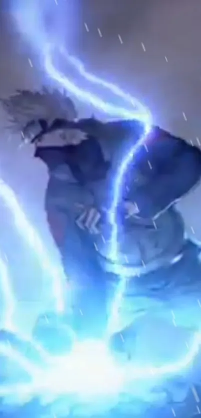 Anime ninja with electrifying lightning in blue tones.