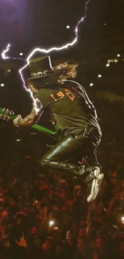 Guitarist jumping on stage with lightning in background at concert.