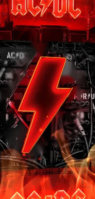 Bold red lightning bolt with fiery accents on a rock music wallpaper.