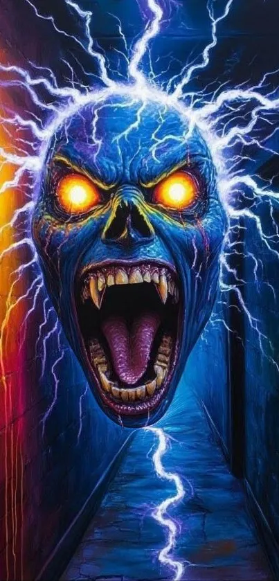 Electrifying skull with glowing eyes in a colorful alley setting.