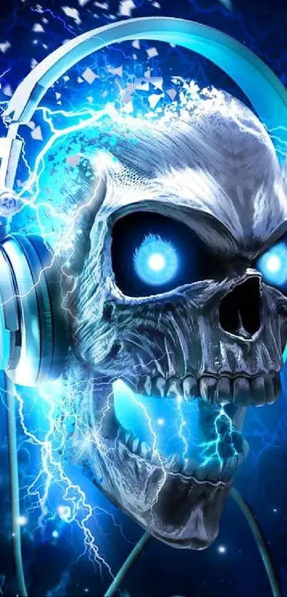 Electrifying skull with headphones and neon blue lightning effect.