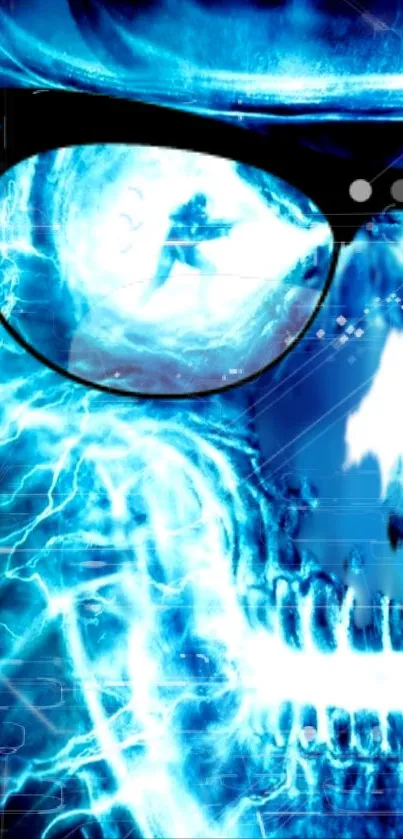 Electric blue skull with glasses in sci-fi theme wallpaper.