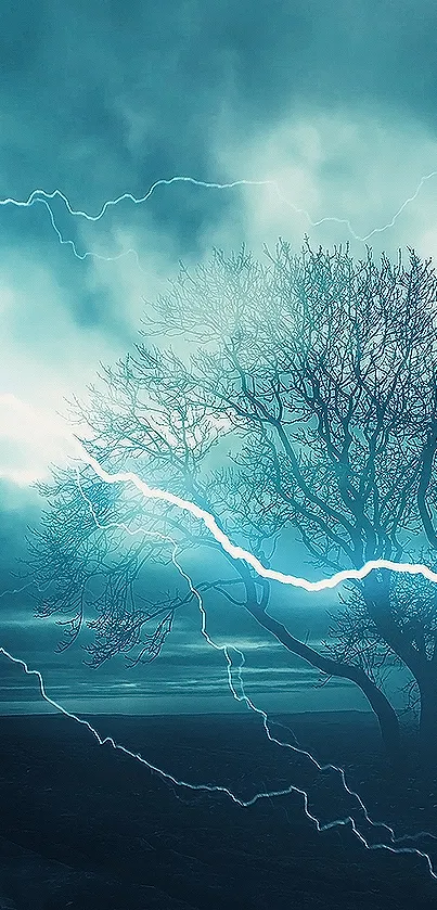 A tree silhouetted against a stormy sky with striking lightning.