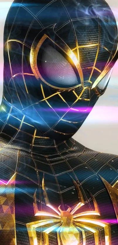 Superhero in black and gold suit with neon lights.