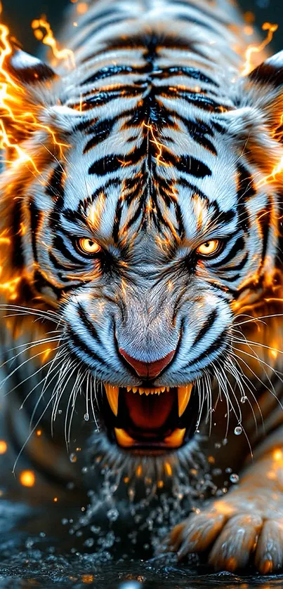 Electrifying tiger with lightning on a dark water background.