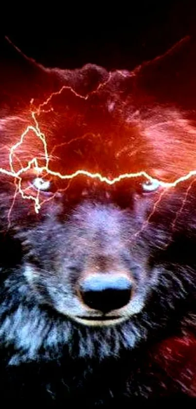 A powerful wolf with lightning eyes in a dark an electrifying scene.