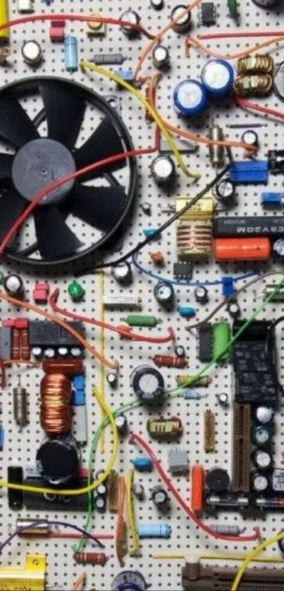 Colorful electronic circuit board with varied components and wires.