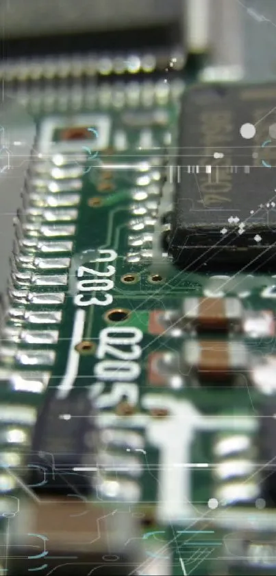 Macro view of an electronic circuit board in high detail with a green color scheme.