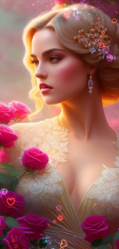 Elegant woman surrounded by vibrant pink roses with vintage charm.