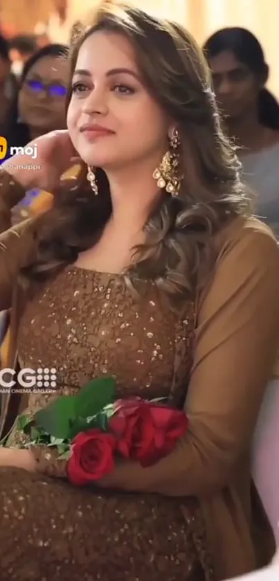 Woman in brown dress holding red roses at an event, showcasing elegance.