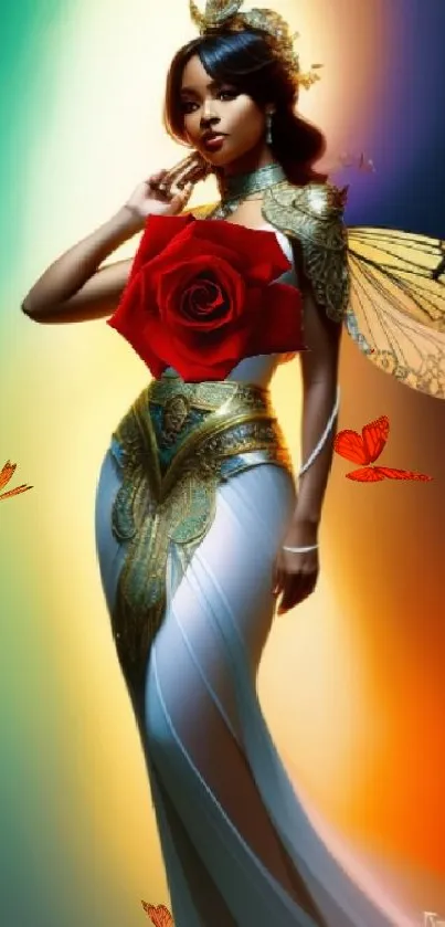 Fantasy woman with vibrant wings and a rose set against a colorful, ethereal background.