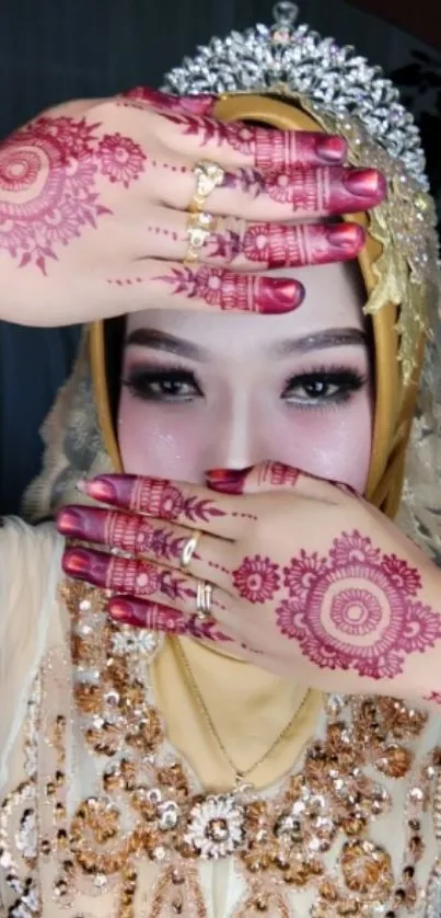 Intricate henna art on bride's hands with elegant jewelry.