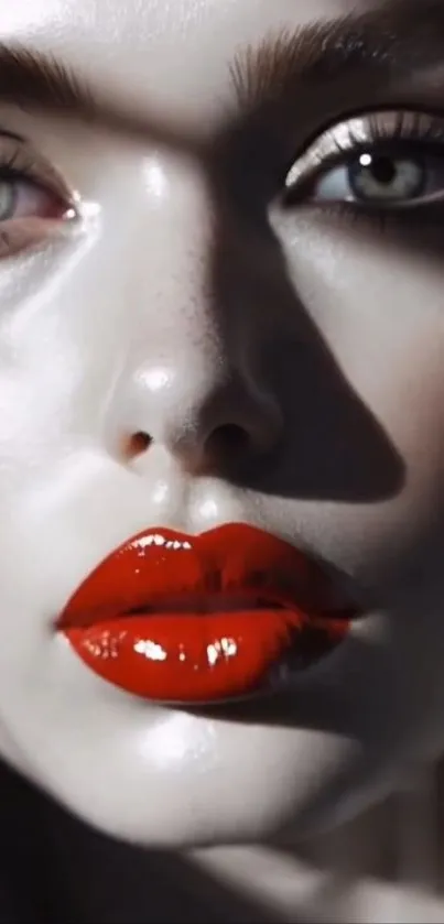 Close-up portrait with bold red lips and high contrast lighting.