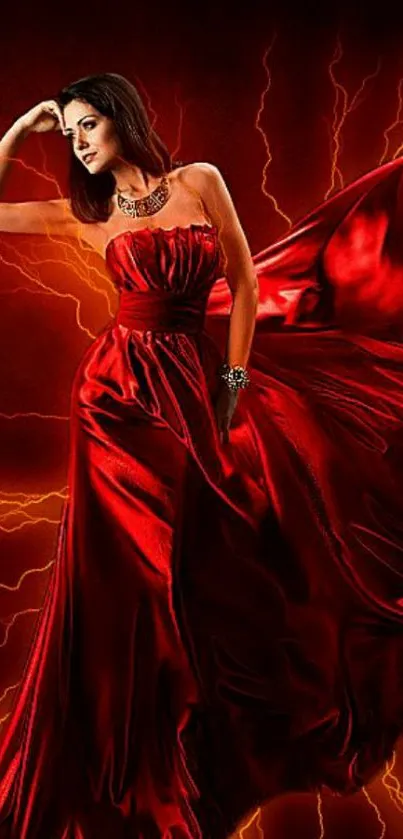 Woman in flowing red dress with electric background.